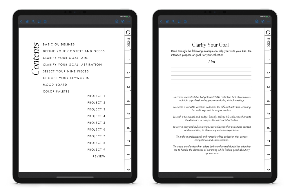 A side-by-side view of two pages from the digital sewing planner on a tablet. The left page shows the table of contents, and the right page shows the "Clarify Your Goal" section with guided prompts.
