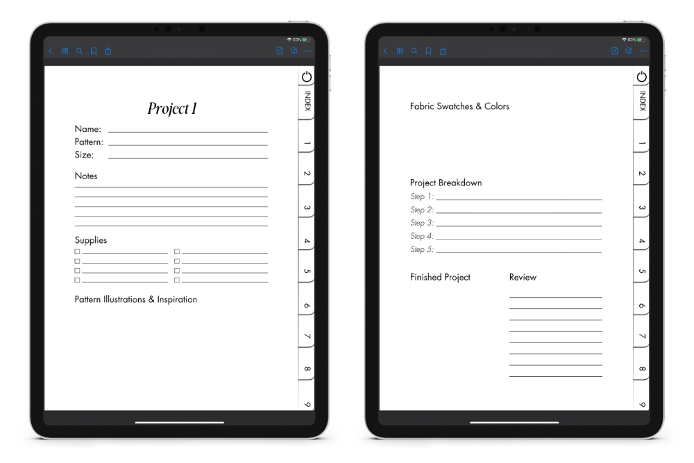 A side-by-side view of the two-page project spread in the digital sewing planner.