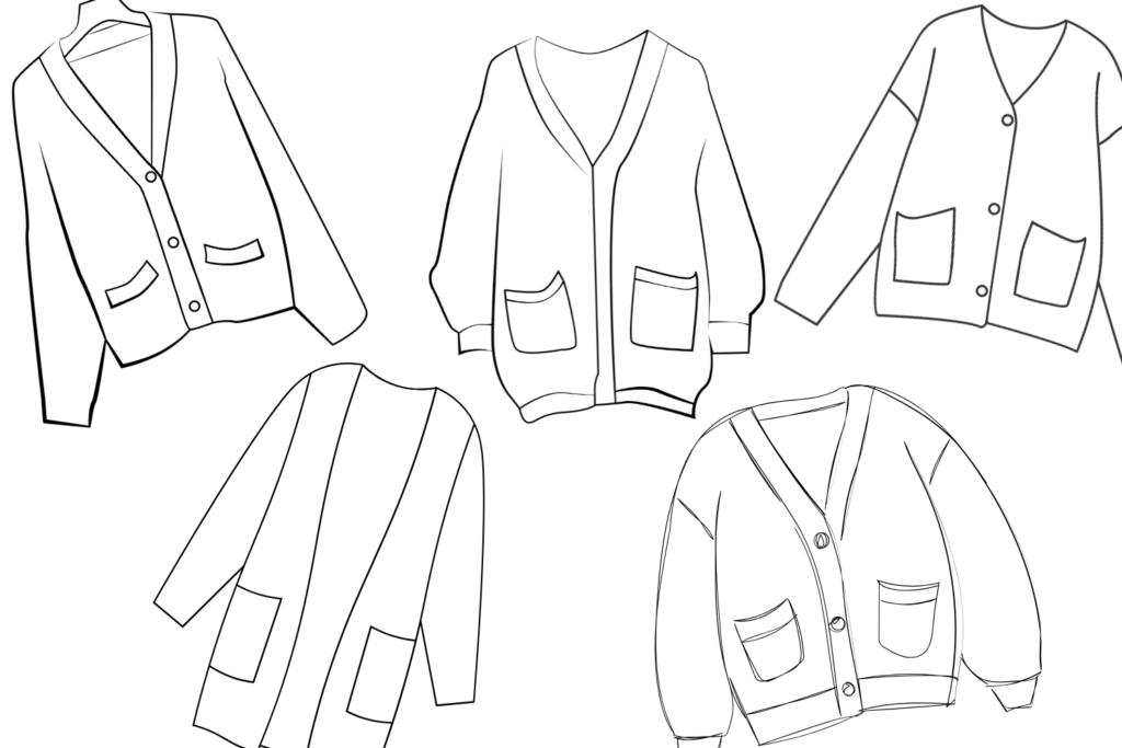 Line drawings of five different cardigan sewing in black and white