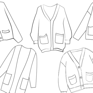 Line drawings of five different cardigan sewing in black and white
