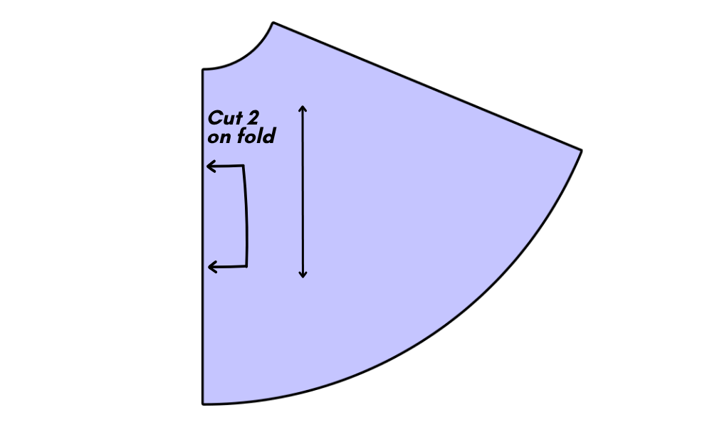 A diagram of the final 67.5-degree skirt pattern piece, showing a grainline arrow and the text "Cut 2 on fold".