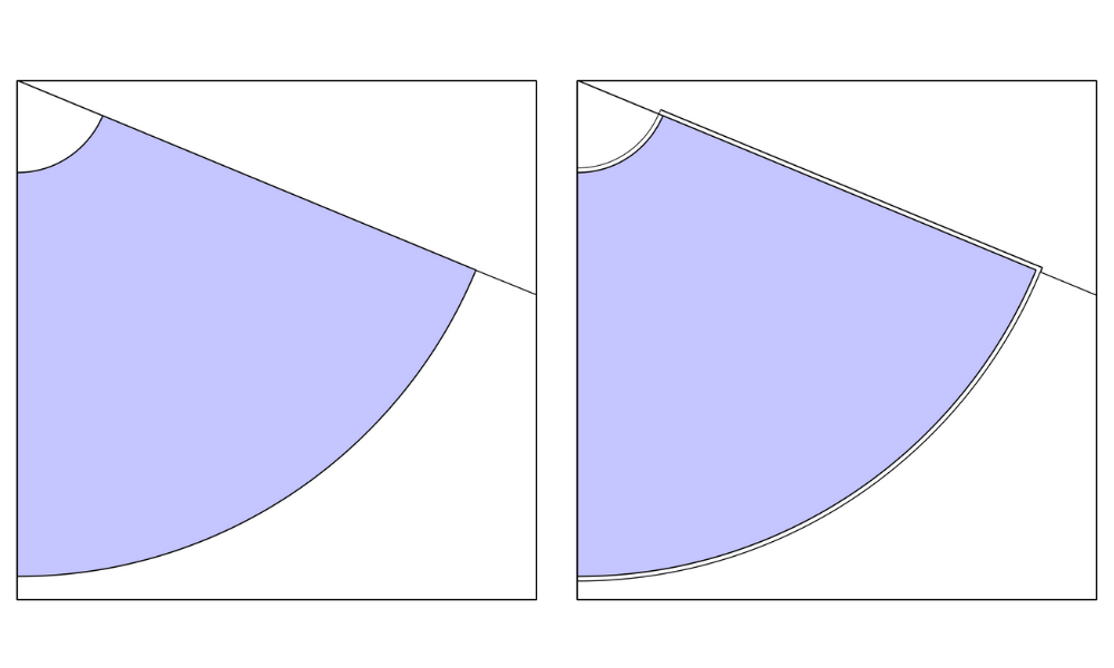 A two-part diagram. The left image shows the basic 67.5-degree skirt pattern piece. The right image shows the same pattern piece with seam allowances added to the waist arc, angled side seam, and hem arc.