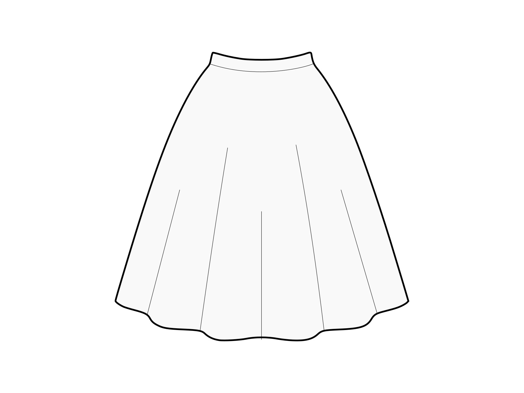 A technical flat of a 3/4 circle skirt