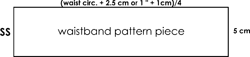 A diagram of the waistband pattern piece, showing its height as '5 cm' and its width as the formula '(waist circ. + 2.5 cm or 1" + 1cm)/4'.