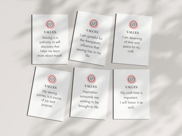 A flat lay image of six individual printable sewing affirmation cards from the 'Values' theme. The cards are arranged in two columns of three, and each card features a distinct affirmation text.