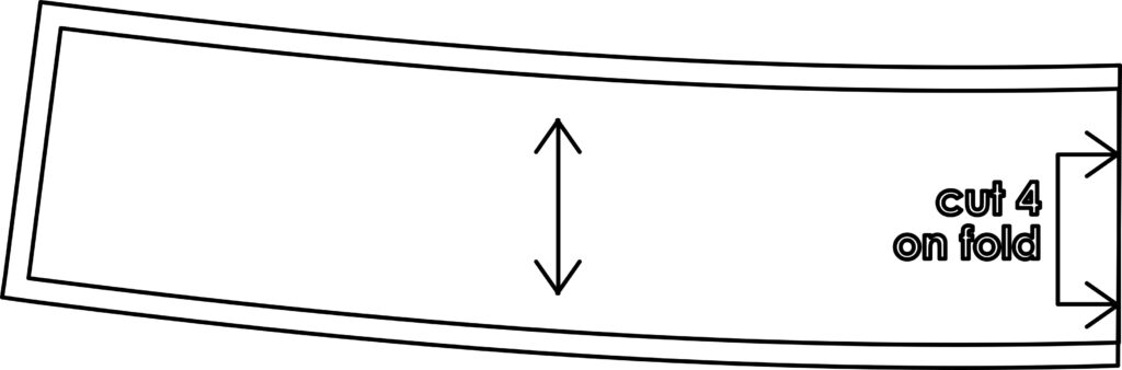 A diagram of the contoured waistband pattern piece showing the seam allowance added to the top, bottom, and side seam edges, while the fold edge is left as-is.