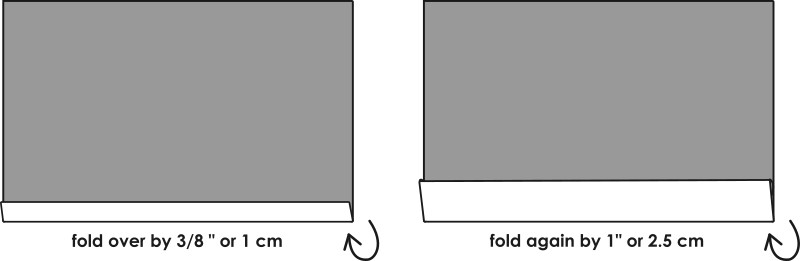 A two-step diagram showing a piece of fabric being hemmed. The first step shows the fabric folded over by 3/8 inch or 1 cm, and the second step shows it folded again by 1 inch or 2.5 cm.