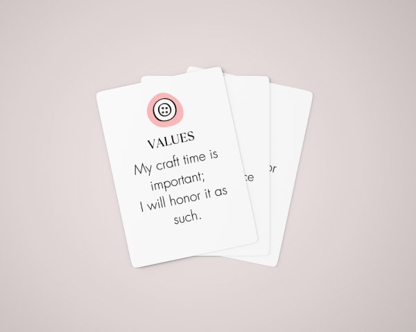 A stack of three printable sewing affirmation cards, viewed from the top, with the top card visible.