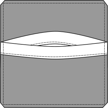 A diagram of the sewn cushion cover, wrong-side-out, with the back envelope opening pulled apart to show the inside.