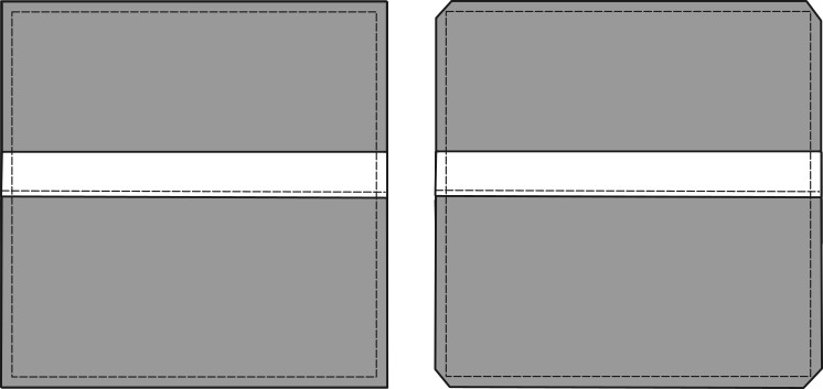 A two-part diagram showing the sewn cushion cover on the left, and the same cover on the right with its four corners trimmed.