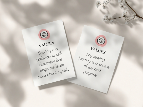 Two sewing affirmation cards laying on a pale off white background with shadows and flowers