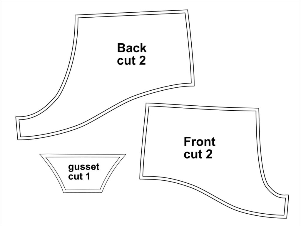 Line drawing of the final boyshorts sewing pattern pieces—Back, Front, and Gusset—showing the drafted shapes with seam allowances included.