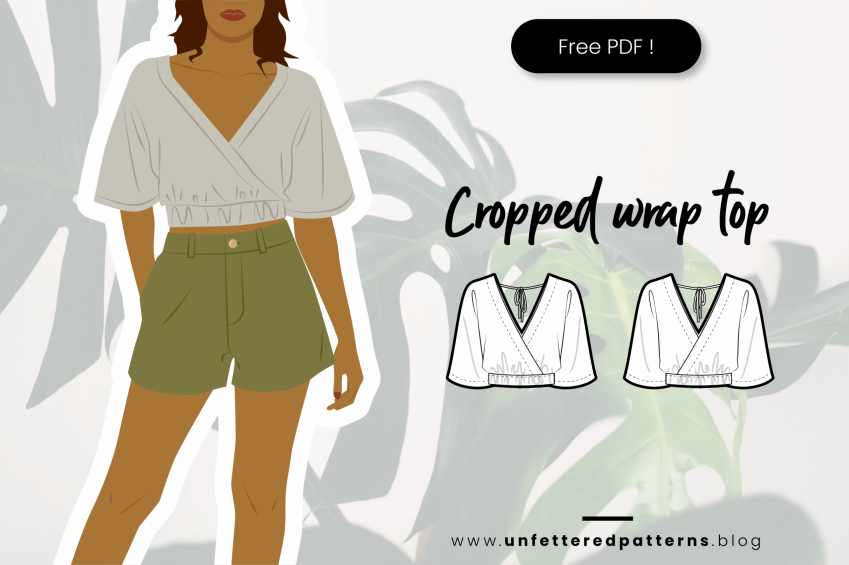 An illustration of a woman wearing a light gray, cropped wrap top with an elasticated hem and short sleeves, paired with olive green shorts.