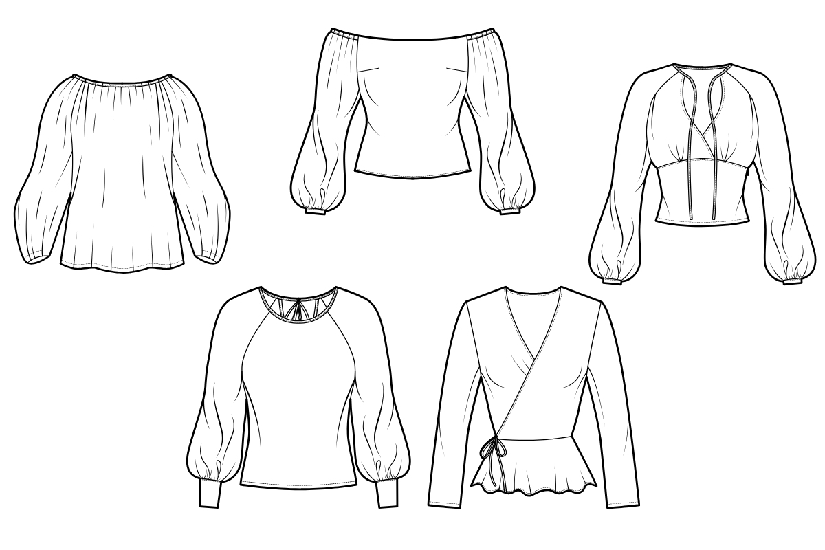 Black and white technical line drawings showing five different long-sleeved blouse.