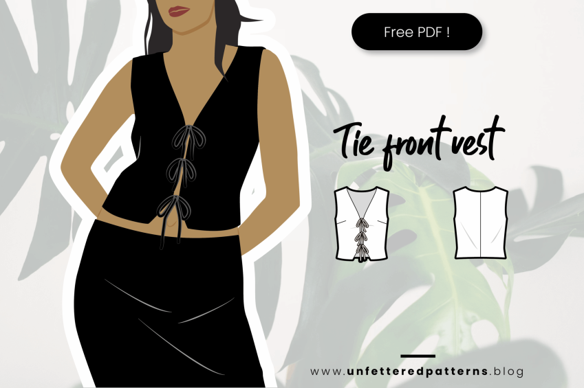 An illustration of a black, sleeveless vest with a V-neckline and three bow ties closing the front, displayed next to a technical line drawing.