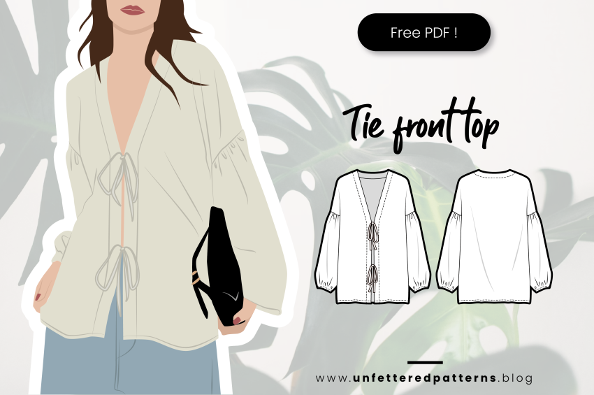 An illustration of a cream-colored, long-sleeved top with a deep V-neck and two front tie closures, displayed next to a technical line drawing.