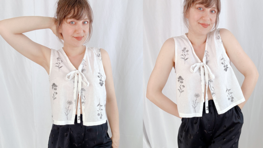 Two photos of a woman wearing a white sleeveless crop top with a delicate black floral print and a single ribbon tie closure at the center front.