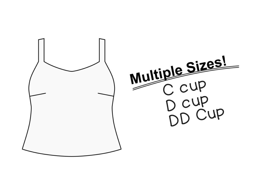 Line drawing of a camisole top with text: Multiple Sizes! C cup, D cup, DD Cup.