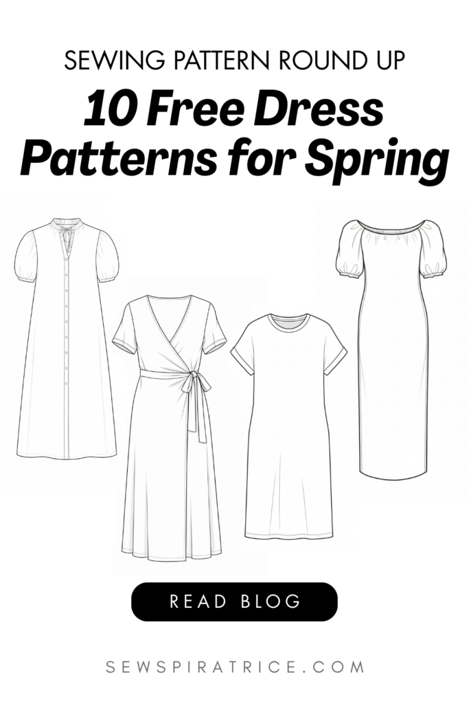 4 flat sketches of dress sewing patterns and the text '10 Free Dress Patterns for Spring'