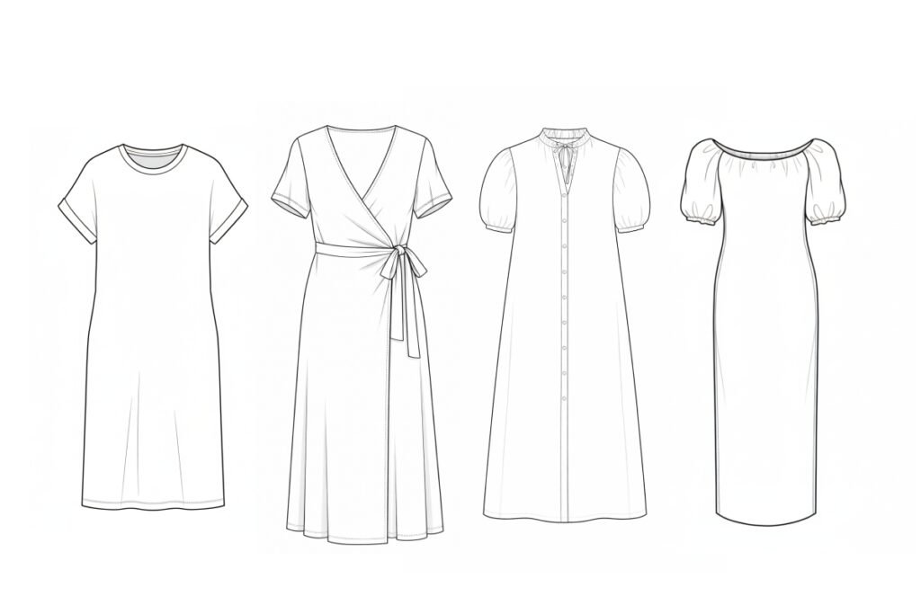 Line drawings of four different dress sewing patterns. From left to right: a t-shirt dress, a wrap dress with a waist tie, a button-down midi dress with puff sleeves, and a boat neck dress with puff sleeves.