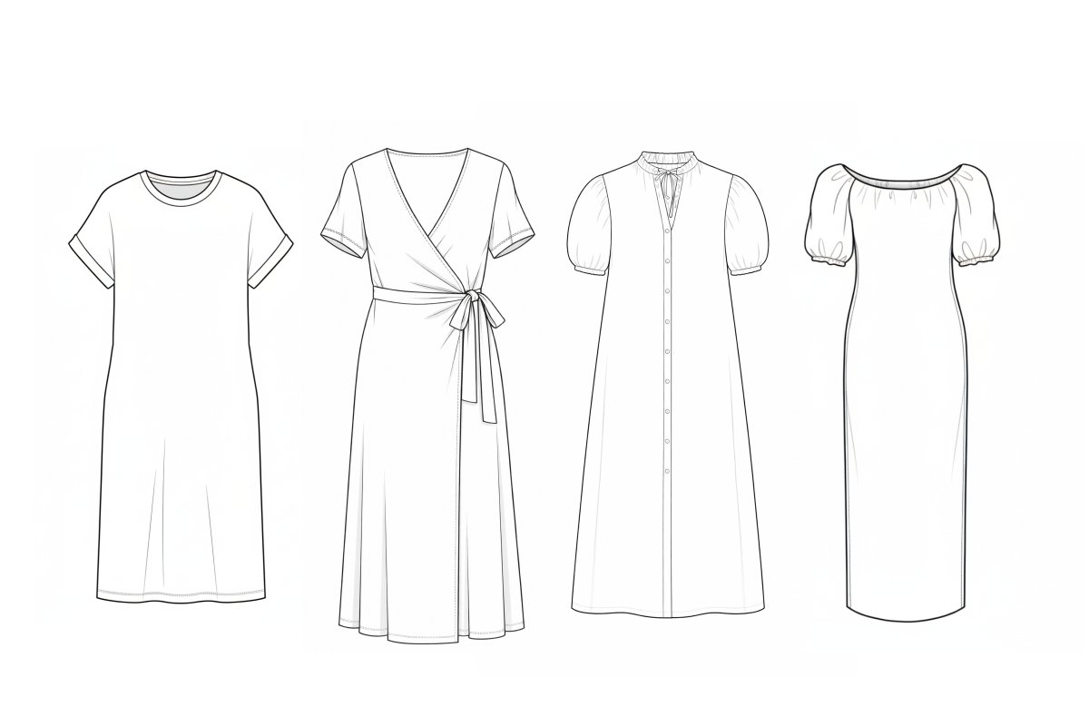 Line drawings of four different dress sewing patterns. From left to right: a t-shirt dress, a wrap dress with a waist tie, a button-down midi dress with puff sleeves, and a boat neck dress with puff sleeves.