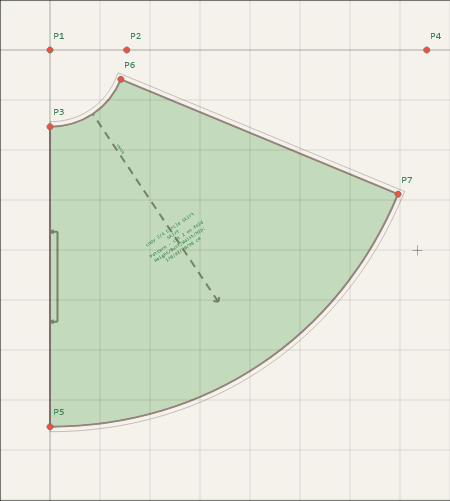 A screenshot of a 3/4 circle skirt pattern piece with a grainline on the bias