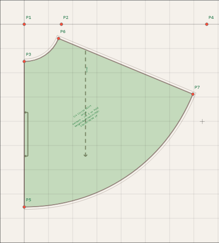 A screenshot of a 3/4 circle skirt pattern piece with a grainline parallel to the foldline