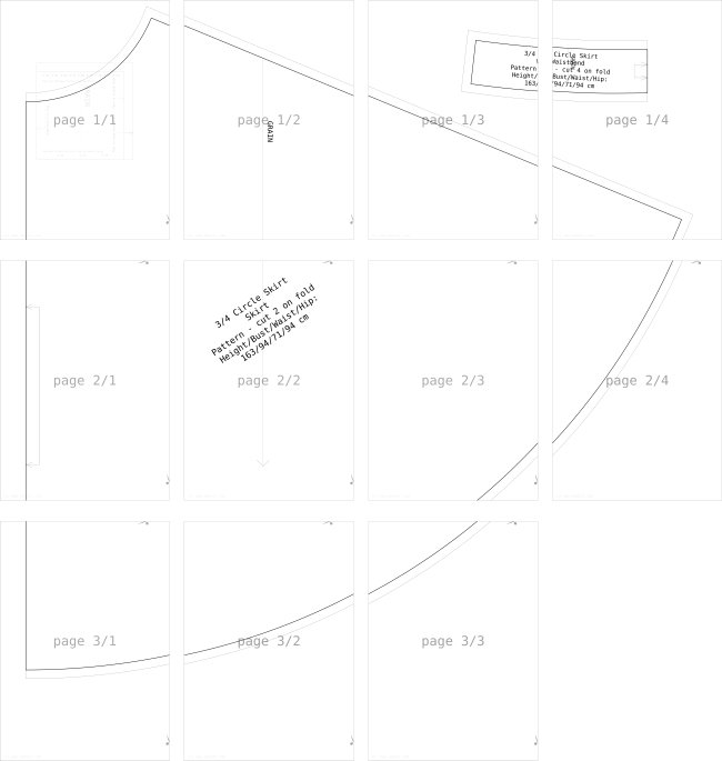 pattern layout for 3/4 quarter circle skirt sewing pattern