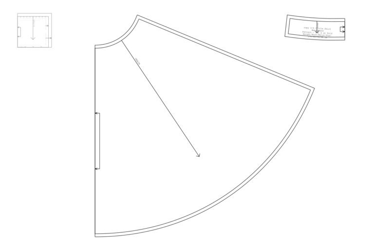 Sewing pattern piece for a three-quarter circle skirt, showing curved waist and hem lines, side seam, grainline arrow, and cut/fold markings.