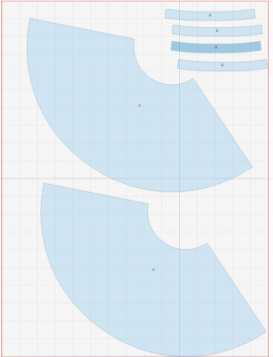 An Illustration of the cutting layout of a three quarter circle skirt for sizes W39-W48