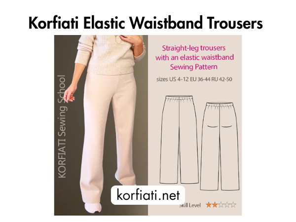 Beige straight-leg knit pants with elastic waistband and a flat illustration of the sewing pattern and some pattern information