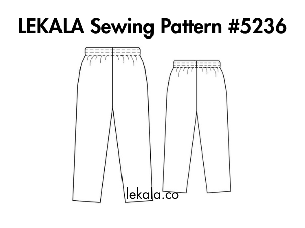 Elastic-waist straight-leg pants sewing pattern with front and back technical drawings.