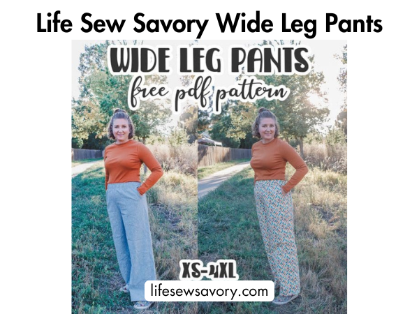 Wide-leg elastic-waist pants shown on a model outdoors with promotional text for a free PDF sewing pattern.