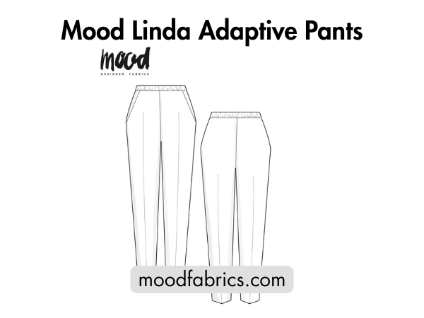 Technical fashion illustration of tapered adaptive pants with elastic waistband and matching front and back pattern drawings.
