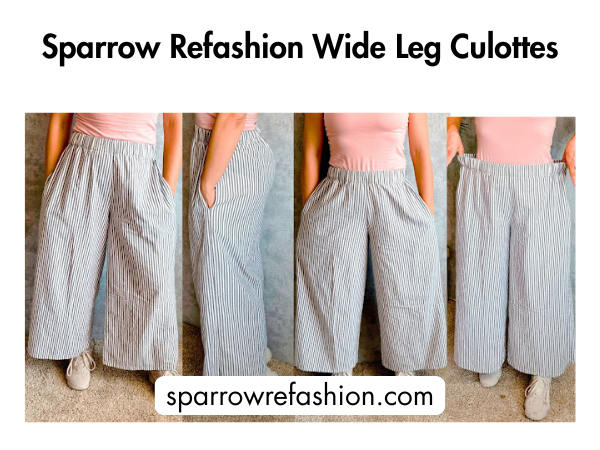 triped wide-leg culottes with elastic waist and side pockets shown from multiple angles.