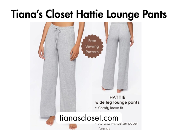 Gray knit lounge pants with wide legs and drawstring waist shown in front and back product photos with sewing pattern text.