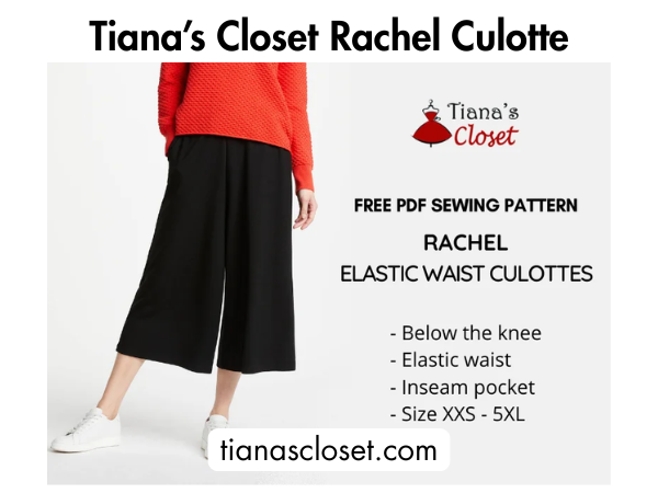 Black elastic-waist culottes with cropped wide legs shown in a fashion photo beside sewing pattern details and sizing text.