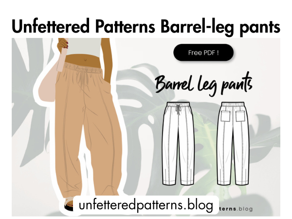 Loose tan barrel-leg pants with drawstring elastic waist alongside fashion illustrations.