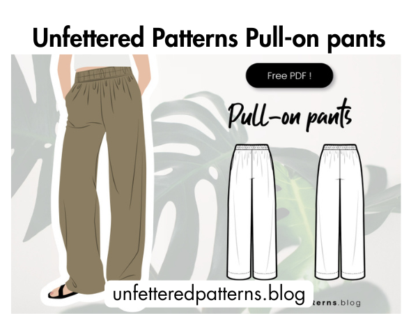 Olive green pull-on pants with elastic waistband and relaxed fit and a corresponding fashion illustration and pattern information
