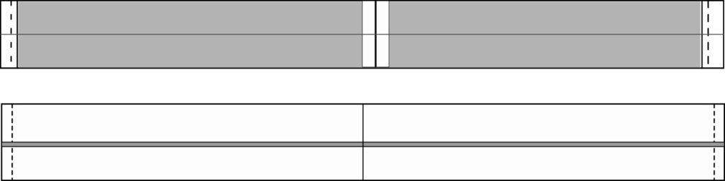 An illustration showing two strips of fabric. the first has a center crease lengthwise and shows the wrong side. The bottom strip of fabric has double folds lengthwise, exposing the right side