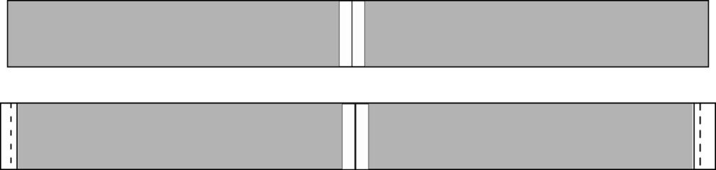 An illustration showing two strips of fabric. both have a center seam and the bottom one has the short edges folded onto the strip of fabric and topstitched