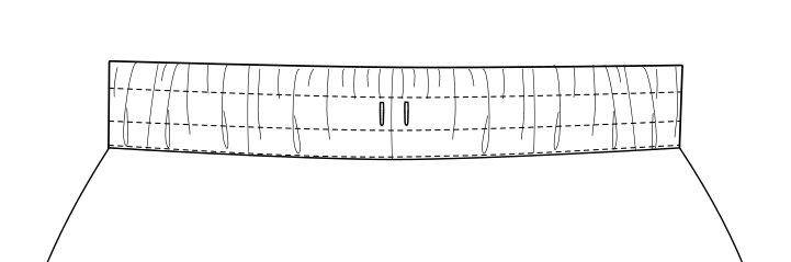 An illustration showing a waistband and the top of a skirt with an elasticated gathered waistband sectioned into three with 2 parallel lines of topstitching