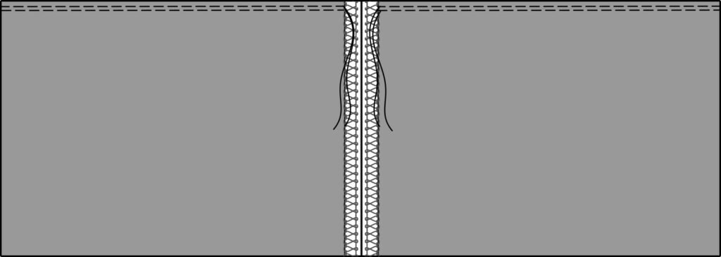 A tier for a skirt with two lines of basting stitches and hanging threads