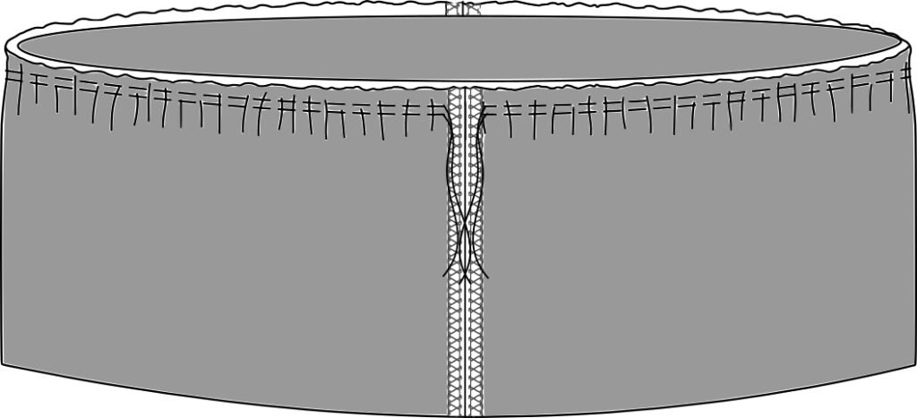 Two tiers of a skirt with two rows of basting stitches and gathers.