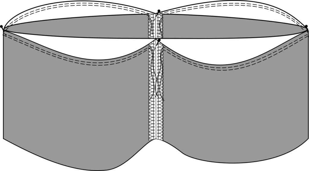 two tiers of skirts pinned together at the side seams, center front and center bag. With two rows of basting stitches on the outer tier of fabric