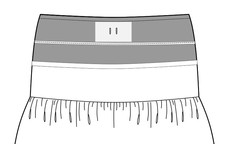 An illustration showing a gathered tiered skirt joined to a waistband with buttonholes