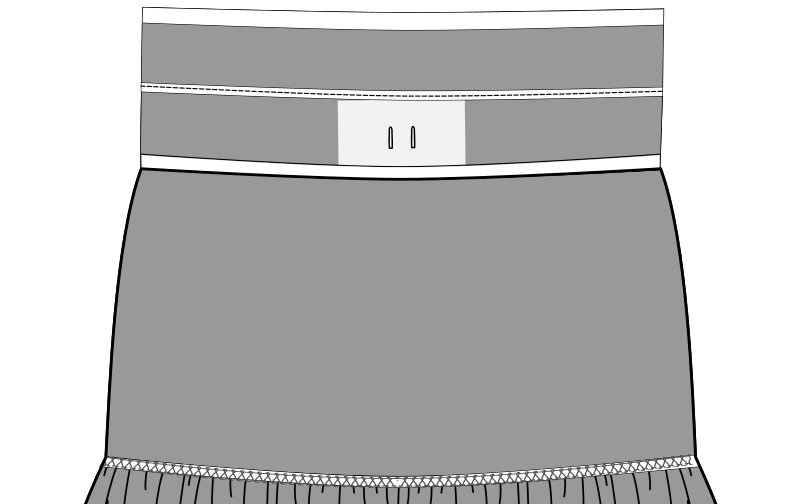 An illustration showing the view on the wrong side of a waistbands sewn to a tiered skirt.