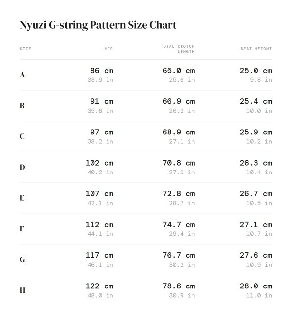 Size chart for the nyuzi g-string sewing pattern