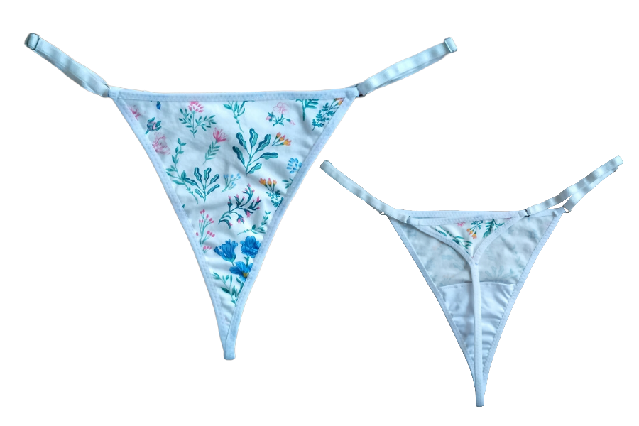 Front and back view of a g-string made from a floral cotton fabric