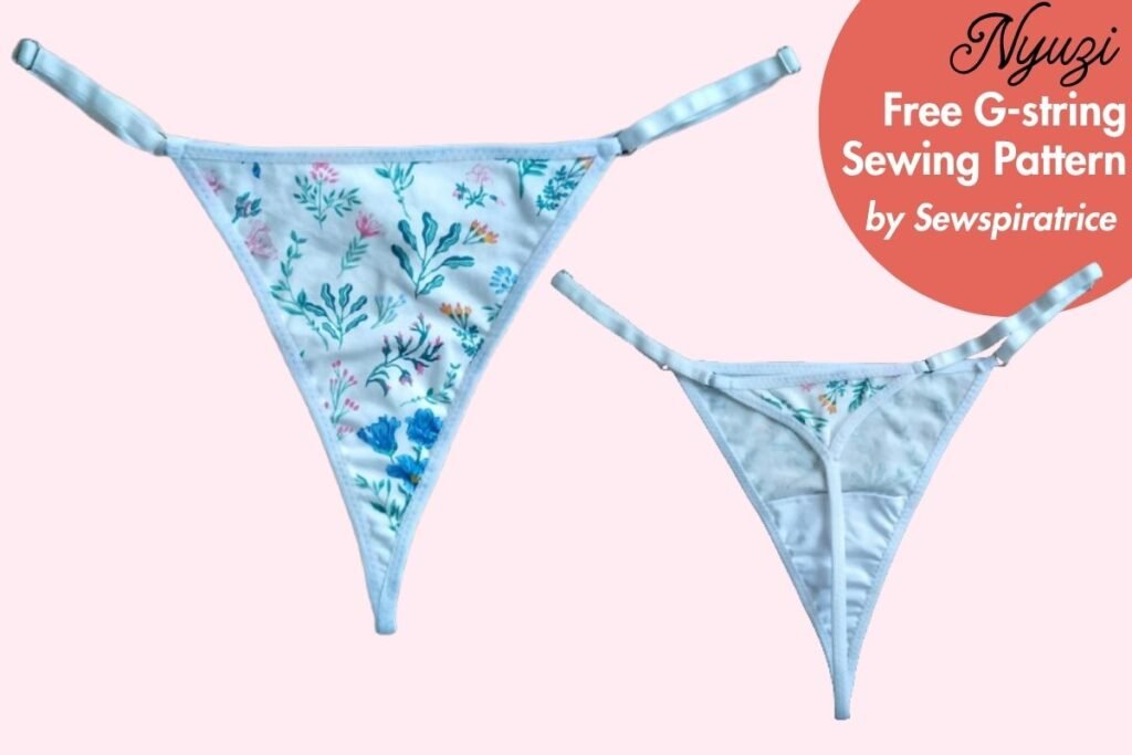 Light floral G-string underwear shown from the front and back, with adjustable side straps and a text overlay promoting a free sewing pattern by Sewspiratrice.